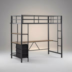 Lit mezzanine double noir avec bureau en L pour enfants et adolescents – Lit superposé en métal avec 3 tiroirs de rangement