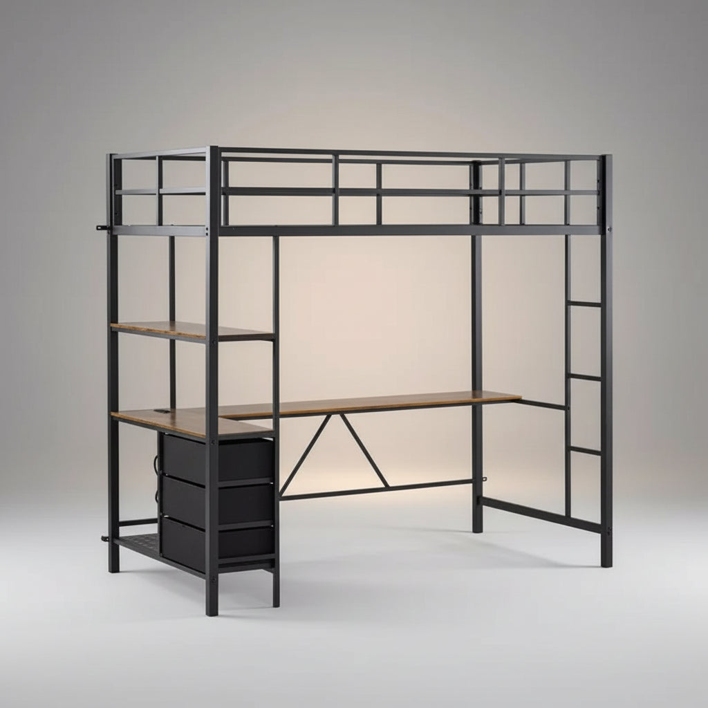Black Twin Loft Bed with L-Shaped Desk for Kids & Teens – Metal Bunk Bed with 3 Storage Drawers