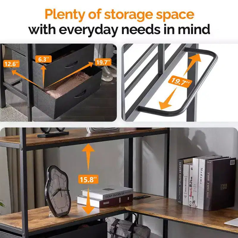 Black Twin Loft Bed with L-Shaped Desk for Kids & Teens – Metal Bunk Bed with 3 Storage Drawers