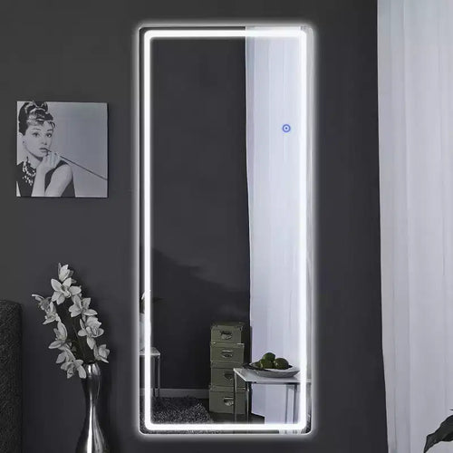 63x20 LED Rectangle Floor Mirror with Stand, HD Full-length Mirror with Aluminum Alloy Frame and 3 Color Temperature, Silver