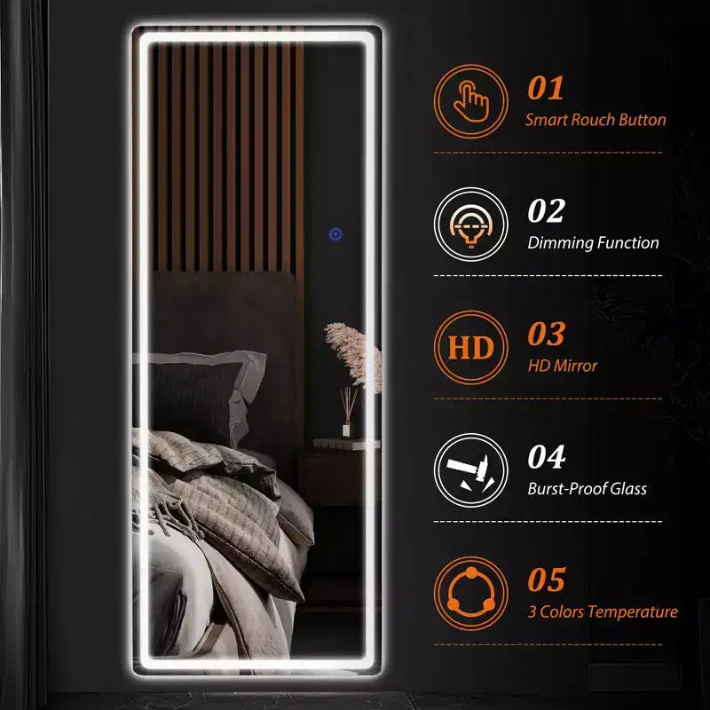 63x20 LED Rectangle Floor Mirror with Stand, HD Full-length Mirror with Aluminum Alloy Frame and 3 Color Temperature, Silver