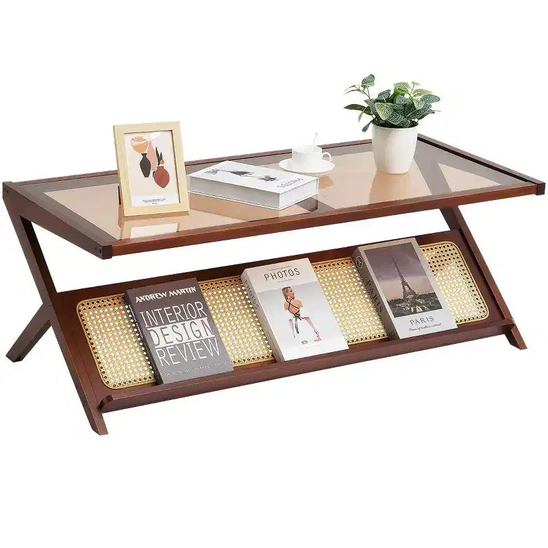 VEVOR Rattan Coffee Table, Z-Shaped Rattan Woven Bamboo Coffee Table with Tempered Glass Top, 47 Modern Boho Storage Coffee Table with Bamboo Legs
