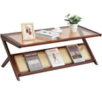 VEVOR Rattan Coffee Table, Z-Shaped Rattan Woven Bamboo Coffee Table with Tempered Glass Top, 47 Modern Boho Storage Coffee Table with Bamboo Legs