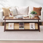 Table basse en rotin et bambou tressé en Z avec plateau en verre trempé – Style bohème moderne de 120 cm