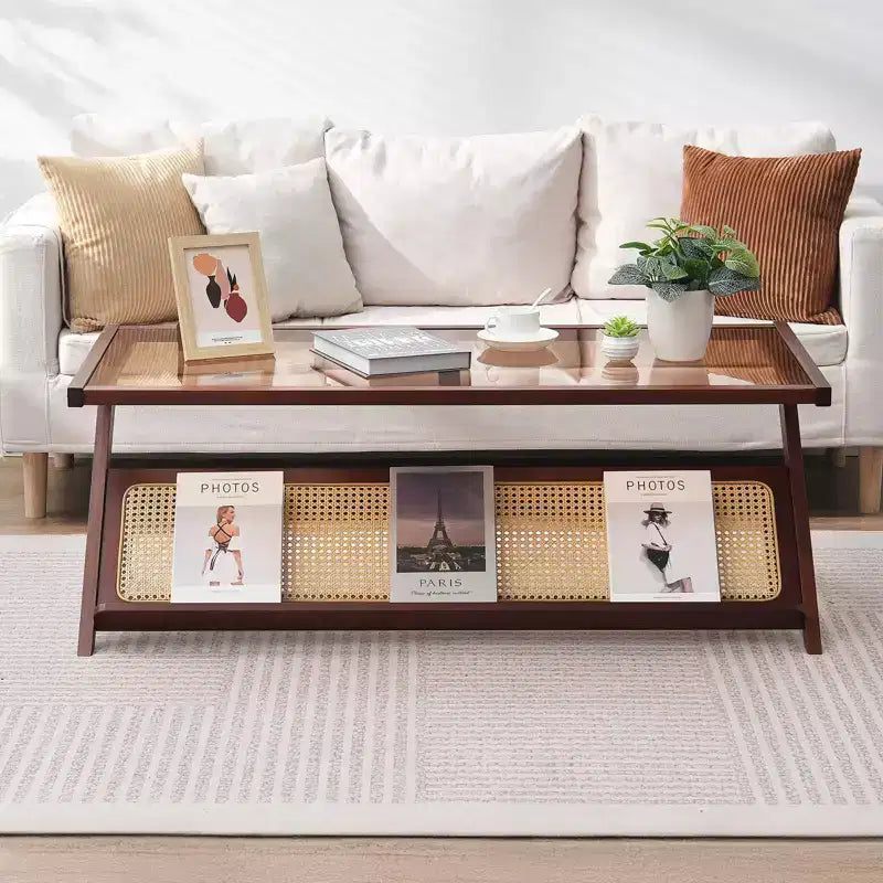 Z-Shaped Rattan Woven Bamboo Coffee Table with Tempered Glass Top – 47" Modern Boho