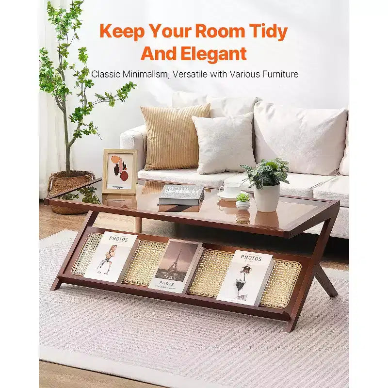 Z-Shaped Rattan Woven Bamboo Coffee Table with Tempered Glass Top – 47" Modern Boho