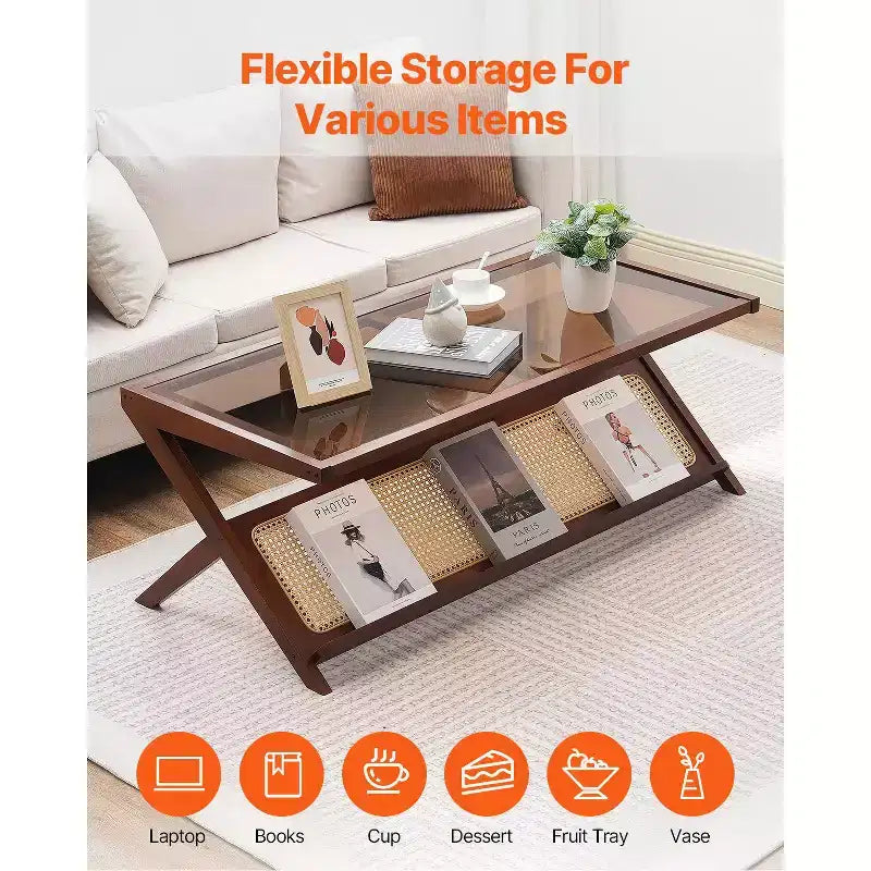 Z-Shaped Rattan Woven Bamboo Coffee Table with Tempered Glass Top – 47" Modern Boho