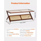 Table basse en rotin et bambou tressé en Z avec plateau en verre trempé – Style bohème moderne de 120 cm