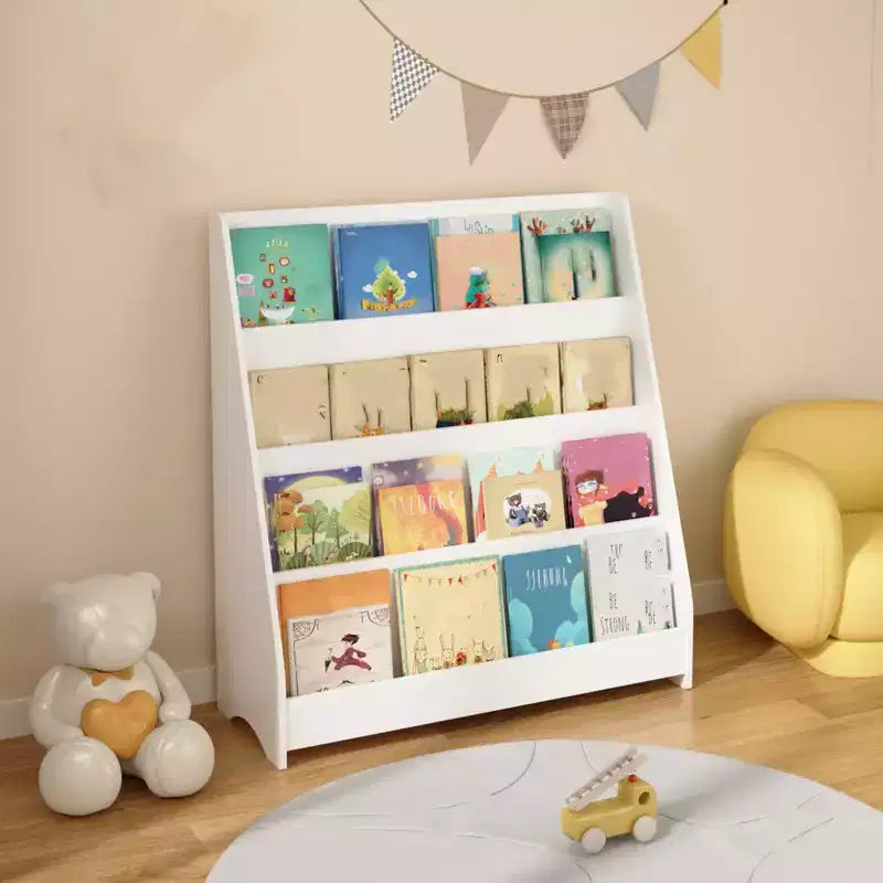 4-Tier Kids Bookshelf, Corner Storage Rack, Wooden Bookshelf for Infants and Toddlers, Stable Toddler Book Display Rack for Classrooms, Playrooms