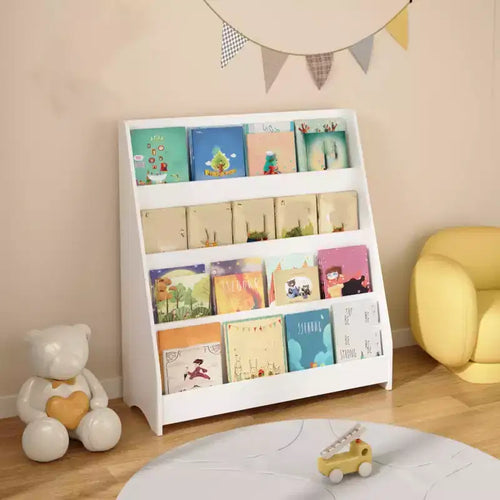 4-Tier Kids Bookshelf, Corner Storage Rack, Wooden Bookshelf for Infants and Toddlers, Stable Toddler Book Display Rack for Classrooms, Playrooms