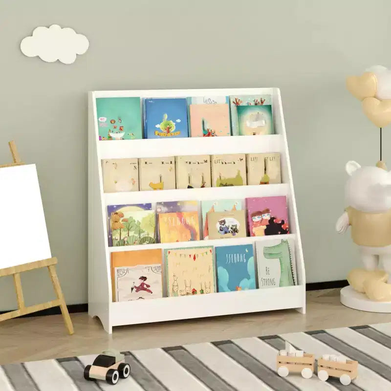 4-Tier Kids Bookshelf, Corner Storage Rack, Wooden Bookshelf for Infants and Toddlers, Stable Toddler Book Display Rack for Classrooms, Playrooms