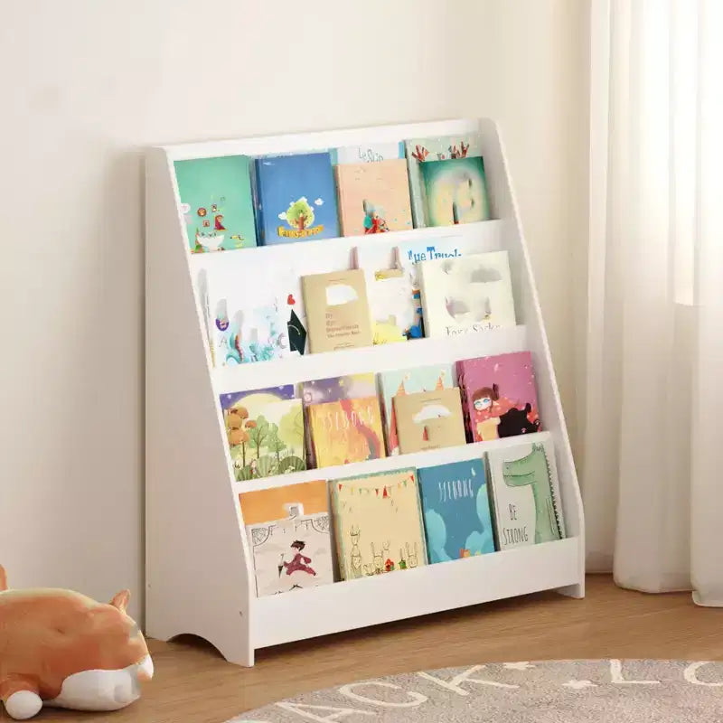 4-Tier Kids Bookshelf, Corner Storage Rack, Wooden Bookshelf for Infants and Toddlers, Stable Toddler Book Display Rack for Classrooms, Playrooms