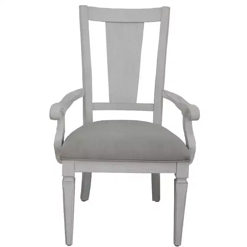 Set of 2 Light Gray Upholstered Linen & Solid Wood Open Back Dining Arm Chairs