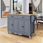 Îlot de Cuisine avec Dessus de Table en Bois et Roues Verrouillables – 4 Portes, 2 Tiroirs, Porte-Serviettes et Étagère à Épices