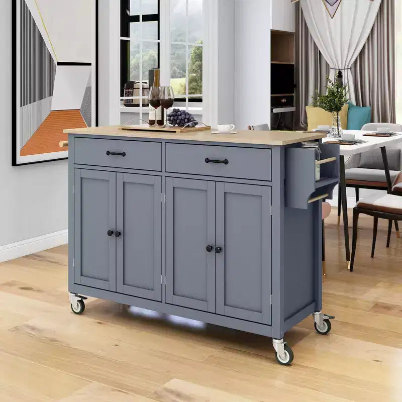 Kitchen Island with Wooden Tabletop & Lockable Wheels – 4 Doors, 2 Drawers, Towel & Spice Rack
