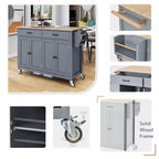 Îlot de Cuisine avec Dessus de Table en Bois et Roues Verrouillables – 4 Portes, 2 Tiroirs, Porte-Serviettes et Étagère à Épices