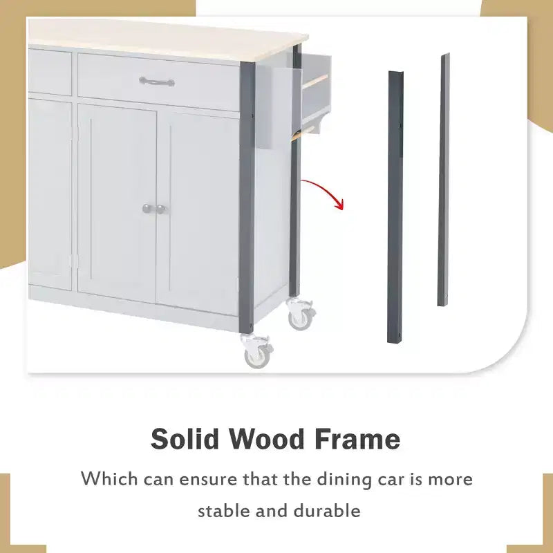 Kitchen Island with Wooden Tabletop & Lockable Wheels – 4 Doors, 2 Drawers, Towel & Spice Rack