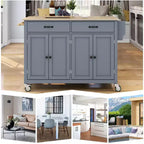 Îlot de Cuisine avec Dessus de Table en Bois et Roues Verrouillables – 4 Portes, 2 Tiroirs, Porte-Serviettes et Étagère à Épices