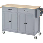 Îlot de Cuisine avec Dessus de Table en Bois et Roues Verrouillables – 4 Portes, 2 Tiroirs, Porte-Serviettes et Étagère à Épices