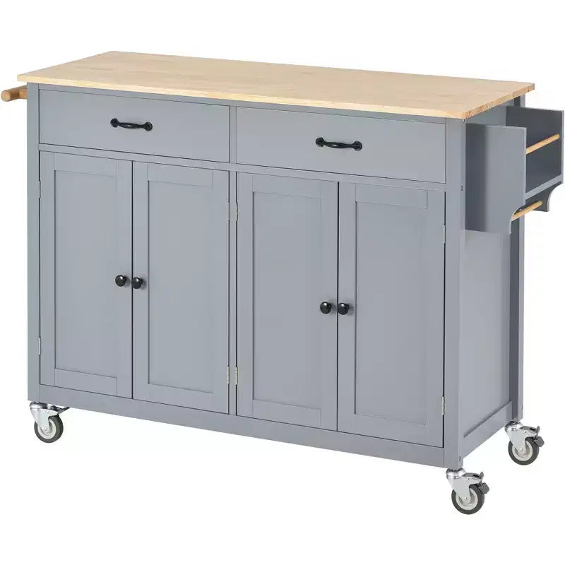 Kitchen Island with Wooden Tabletop & Lockable Wheels – 4 Doors, 2 Drawers, Towel & Spice Rack