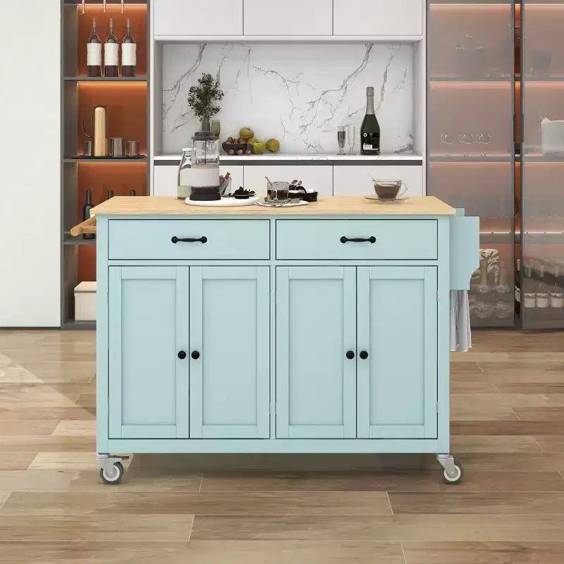 Kitchen Island with Wooden Tabletop & Lockable Wheels – 4 Doors, 2 Drawers, Towel & Spice Rack