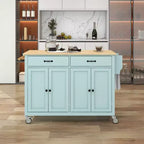 Îlot de Cuisine avec Dessus de Table en Bois et Roues Verrouillables – 4 Portes, 2 Tiroirs, Porte-Serviettes et Étagère à Épices