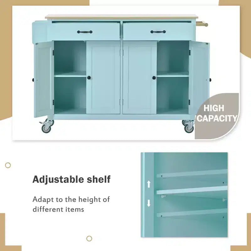 Kitchen Island with Wooden Tabletop & Lockable Wheels – 4 Doors, 2 Drawers, Towel & Spice Rack