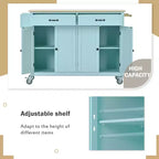 Îlot de Cuisine avec Dessus de Table en Bois et Roues Verrouillables – 4 Portes, 2 Tiroirs, Porte-Serviettes et Étagère à Épices