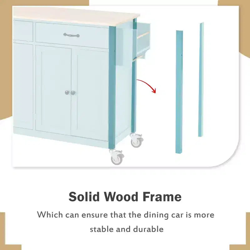 Kitchen Island with Wooden Tabletop & Lockable Wheels – 4 Doors, 2 Drawers, Towel & Spice Rack