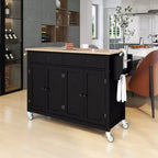 Îlot de Cuisine avec Dessus de Table en Bois et Roues Verrouillables – 4 Portes, 2 Tiroirs, Porte-Serviettes et Étagère à Épices