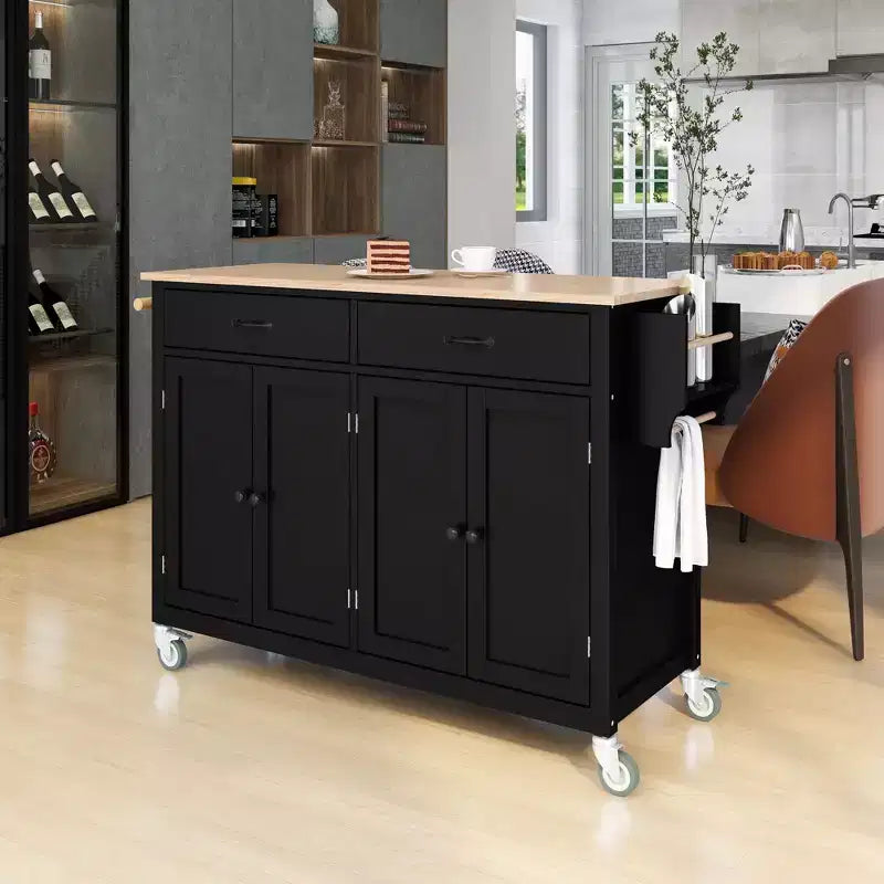 Kitchen Island with Wooden Tabletop & Lockable Wheels – 4 Doors, 2 Drawers, Towel & Spice Rack