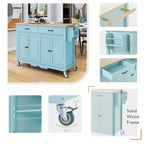 Îlot de Cuisine avec Dessus de Table en Bois et Roues Verrouillables – 4 Portes, 2 Tiroirs, Porte-Serviettes et Étagère à Épices