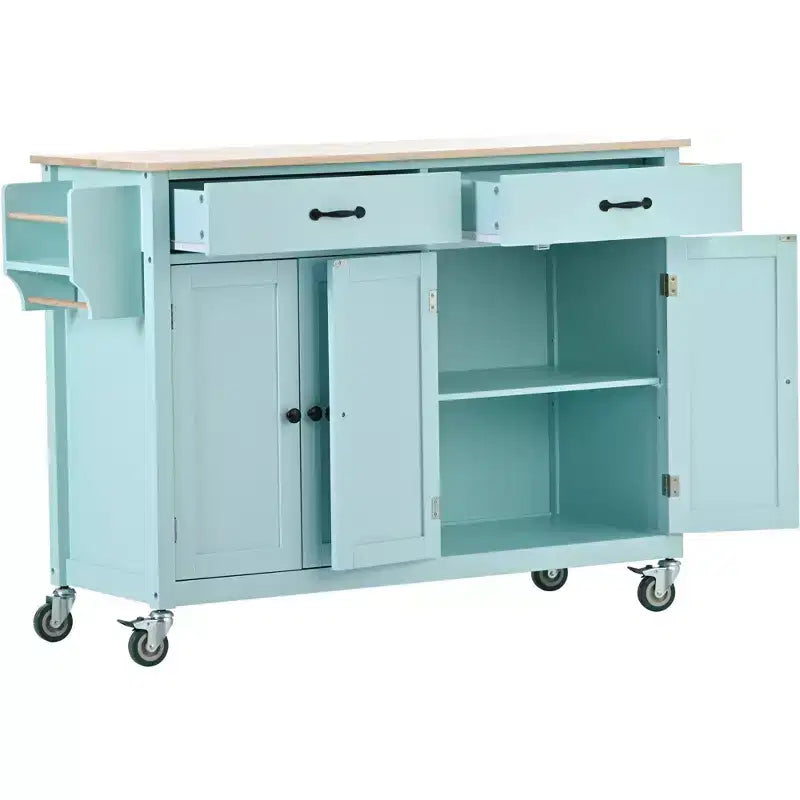 Kitchen Island with Wooden Tabletop & Lockable Wheels – 4 Doors, 2 Drawers, Towel & Spice Rack