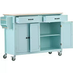 Îlot de Cuisine avec Dessus de Table en Bois et Roues Verrouillables – 4 Portes, 2 Tiroirs, Porte-Serviettes et Étagère à Épices