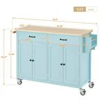 Îlot de Cuisine avec Dessus de Table en Bois et Roues Verrouillables – 4 Portes, 2 Tiroirs, Porte-Serviettes et Étagère à Épices