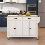 Îlot de Cuisine avec Dessus de Table en Bois et Roues Verrouillables – 4 Portes, 2 Tiroirs, Porte-Serviettes et Étagère à Épices
