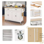 Îlot de Cuisine avec Dessus de Table en Bois et Roues Verrouillables – 4 Portes, 2 Tiroirs, Porte-Serviettes et Étagère à Épices