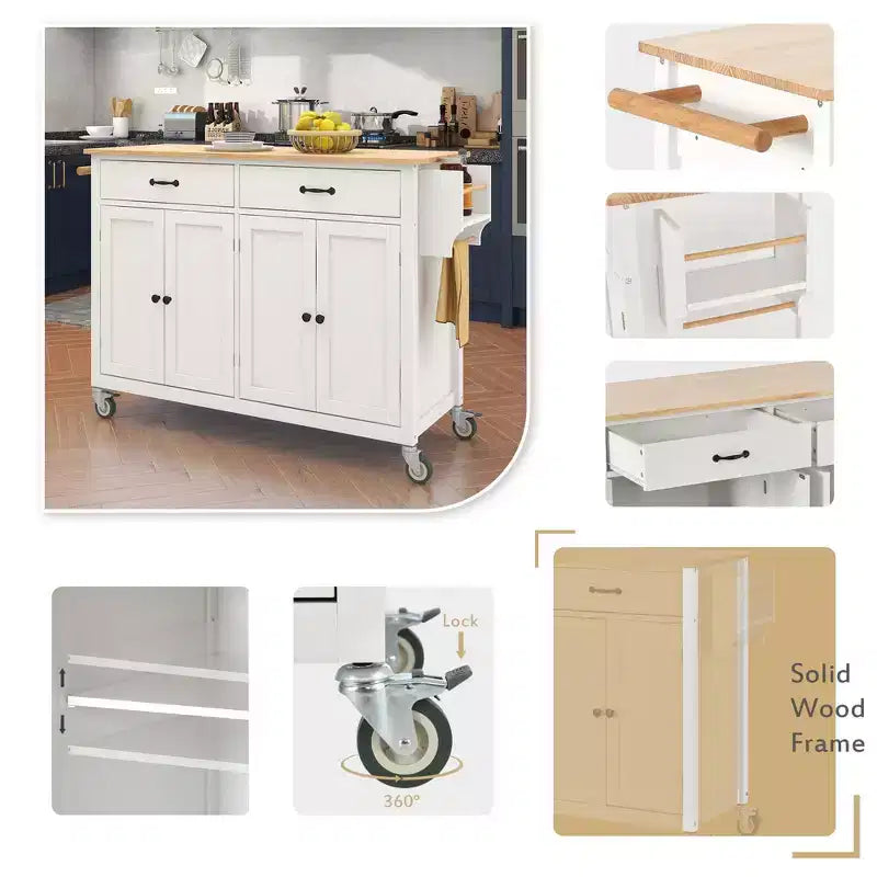 Kitchen Island with Wooden Tabletop & Lockable Wheels – 4 Doors, 2 Drawers, Towel & Spice Rack