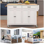Îlot de Cuisine avec Dessus de Table en Bois et Roues Verrouillables – 4 Portes, 2 Tiroirs, Porte-Serviettes et Étagère à Épices