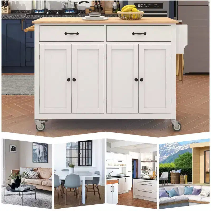 Kitchen Island with Wooden Tabletop & Lockable Wheels – 4 Doors, 2 Drawers, Towel & Spice Rack