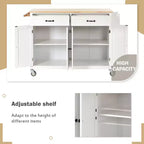 Îlot de Cuisine avec Dessus de Table en Bois et Roues Verrouillables – 4 Portes, 2 Tiroirs, Porte-Serviettes et Étagère à Épices