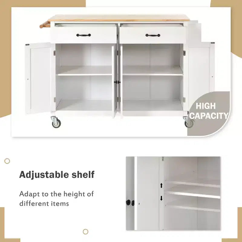 Kitchen Island with Wooden Tabletop & Lockable Wheels – 4 Doors, 2 Drawers, Towel & Spice Rack