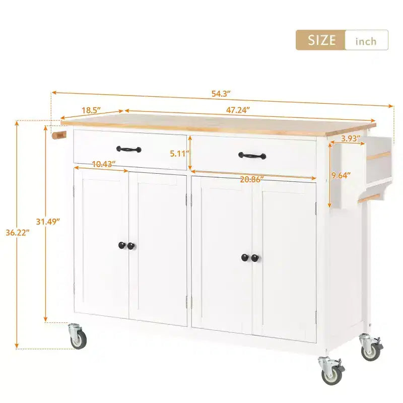 Kitchen Island with Wooden Tabletop & Lockable Wheels – 4 Doors, 2 Drawers, Towel & Spice Rack