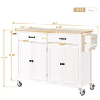 Îlot de Cuisine avec Dessus de Table en Bois et Roues Verrouillables – 4 Portes, 2 Tiroirs, Porte-Serviettes et Étagère à Épices