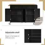 Îlot de Cuisine avec Dessus de Table en Bois et Roues Verrouillables – 4 Portes, 2 Tiroirs, Porte-Serviettes et Étagère à Épices