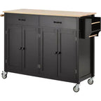 Îlot de Cuisine avec Dessus de Table en Bois et Roues Verrouillables – 4 Portes, 2 Tiroirs, Porte-Serviettes et Étagère à Épices