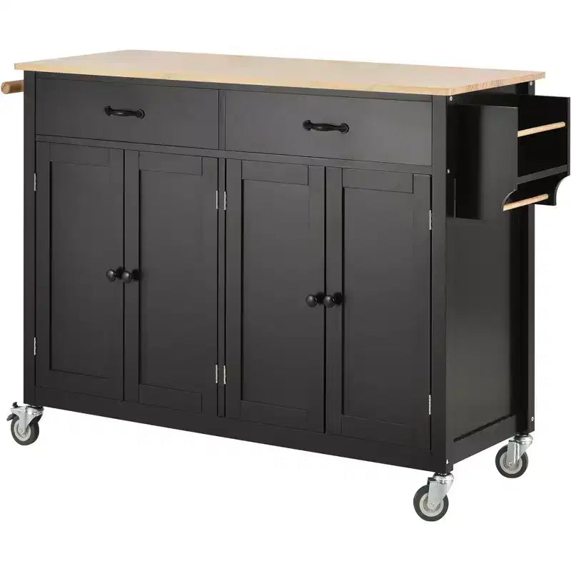 Kitchen Island with Wooden Tabletop & Lockable Wheels – 4 Doors, 2 Drawers, Towel & Spice Rack