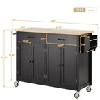 Îlot de Cuisine avec Dessus de Table en Bois et Roues Verrouillables – 4 Portes, 2 Tiroirs, Porte-Serviettes et Étagère à Épices