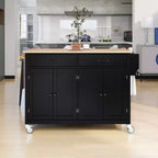 Îlot de Cuisine avec Dessus de Table en Bois et Roues Verrouillables – 4 Portes, 2 Tiroirs, Porte-Serviettes et Étagère à Épices