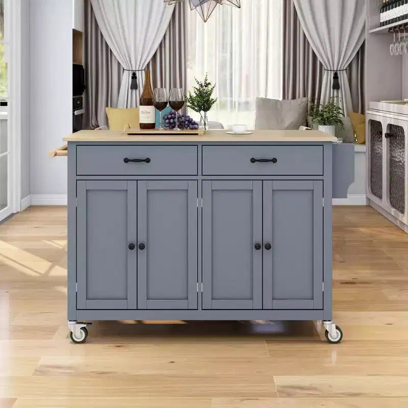 Kitchen Island with Wooden Tabletop & Lockable Wheels – 4 Doors, 2 Drawers, Towel & Spice Rack